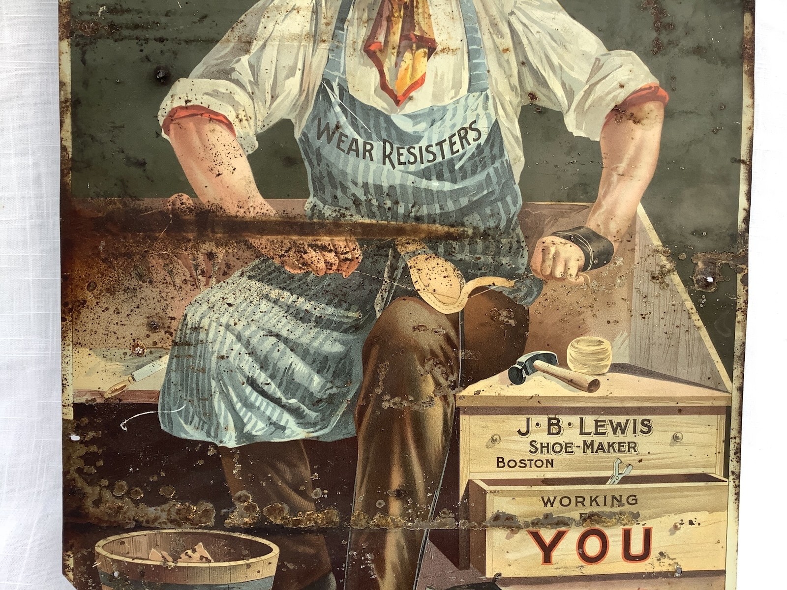 1880s-1890s J. B. LEWIS SHOE MAKER BOSTON LITHO TIN AD SIGN 19 1/4 in. x 13 3/8