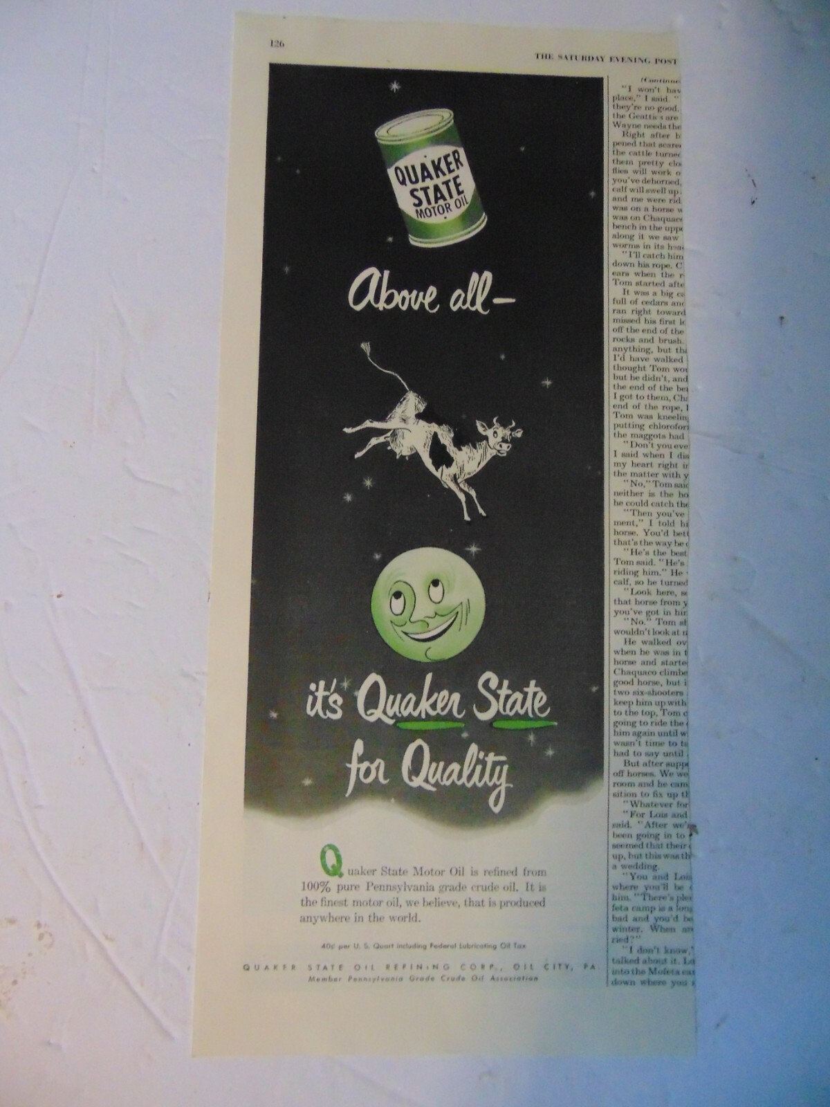1949 QUAKER STATE MOTOR OIL Cow Jumps Over The Moon vintage art print ad