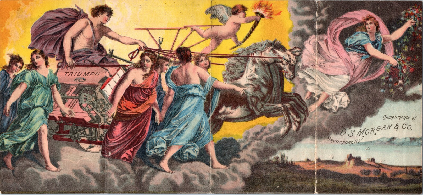 Angelic Procession of Farm Machinery 4 Panel Trade Card D.S. Morgan Brookport NY