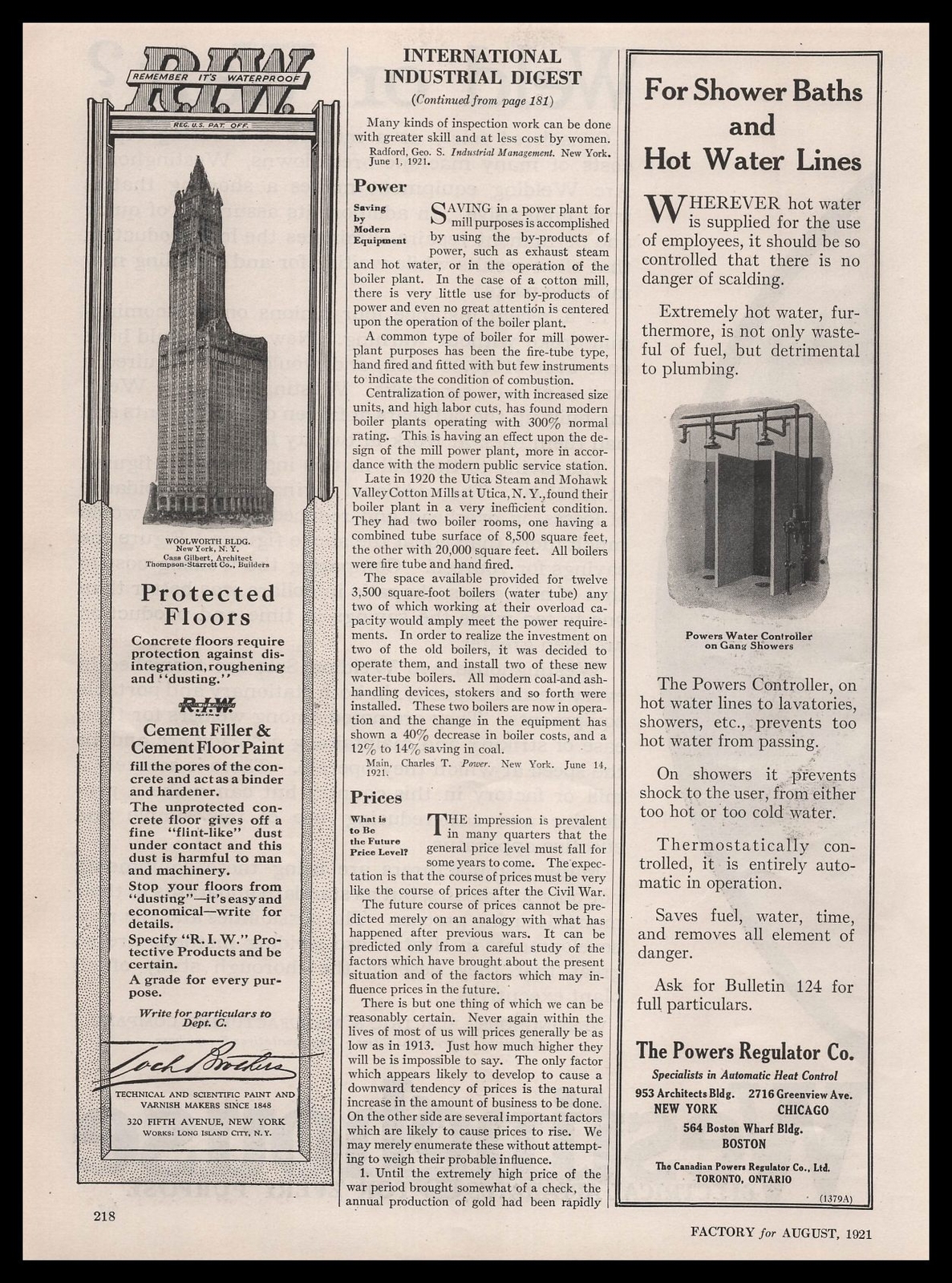 1921 Powers Regulator Co. New York Gang Shower Baths Hot Water Lines Print Ad