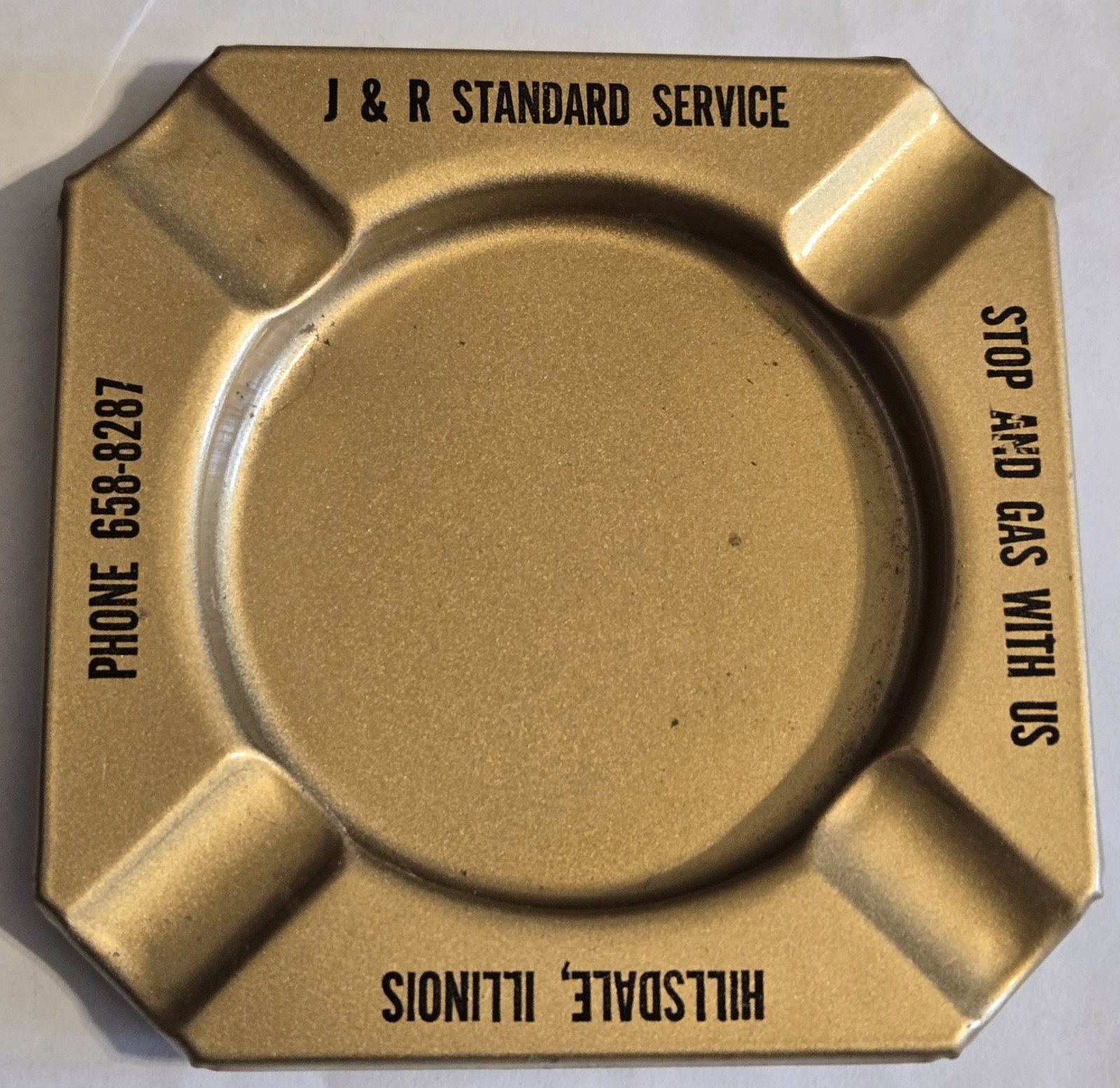 J & R Standard Service Gas Station Hillsdale Illinois IL Vintage Metal Ashtray