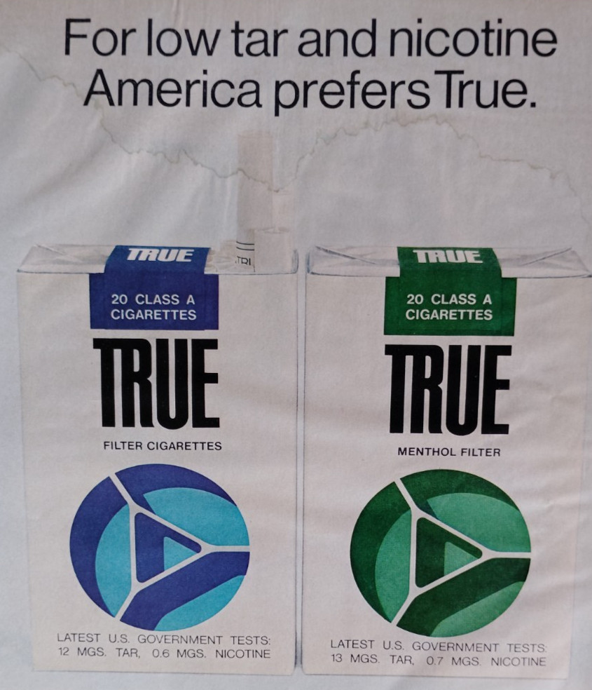Vintage Retro 1971 Ad For Low tar & Nicotine America Prefers True Cigarettes