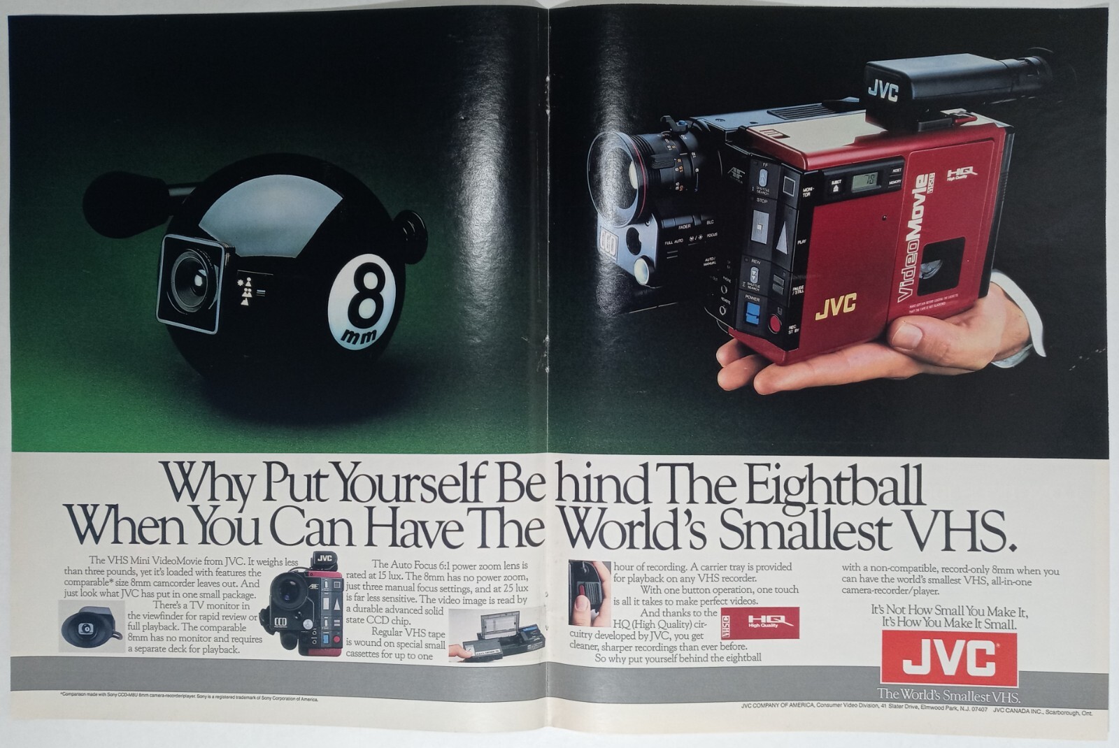 1980’s JVC Camera VHS Recorder 8-Ball Camcorder Smallest Centerfold Vtg Print Ad