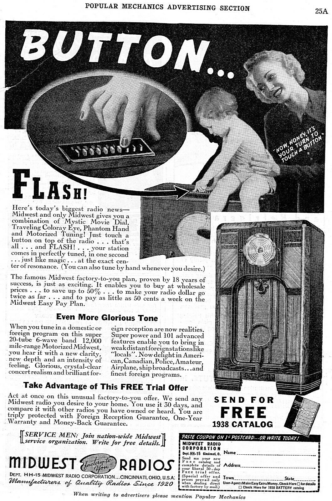 Vintage Ad Print, Midwest Radios, 1937, 9.5 x 6