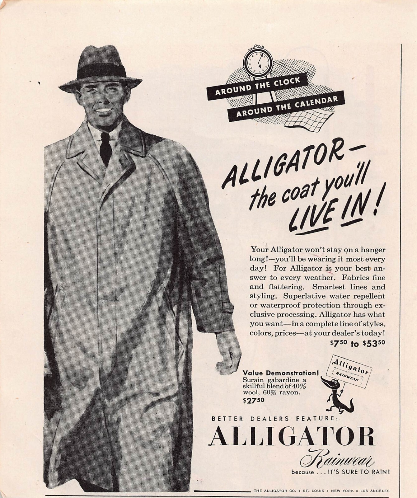 Alligator Rainwear Mens Raincoat Fashion Surain Gabardine Wool Vtg Print Ad