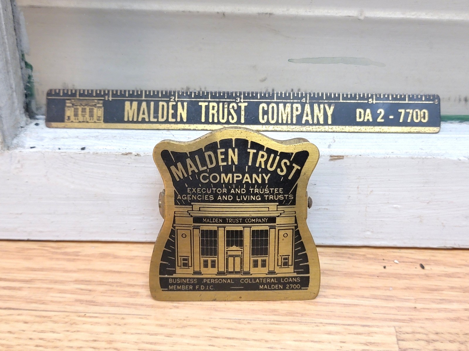 Vintage Malden Trust Bank Brass Advertising Paper Clip Ruler Rule E.V. Yeuell Co