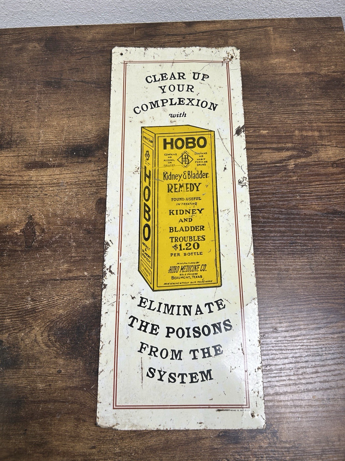 VINTAGE METAL TIN SIGN HOBO KIDNEY & BLADDER REMEDY 1974 SANFORD J. HEILNER USA