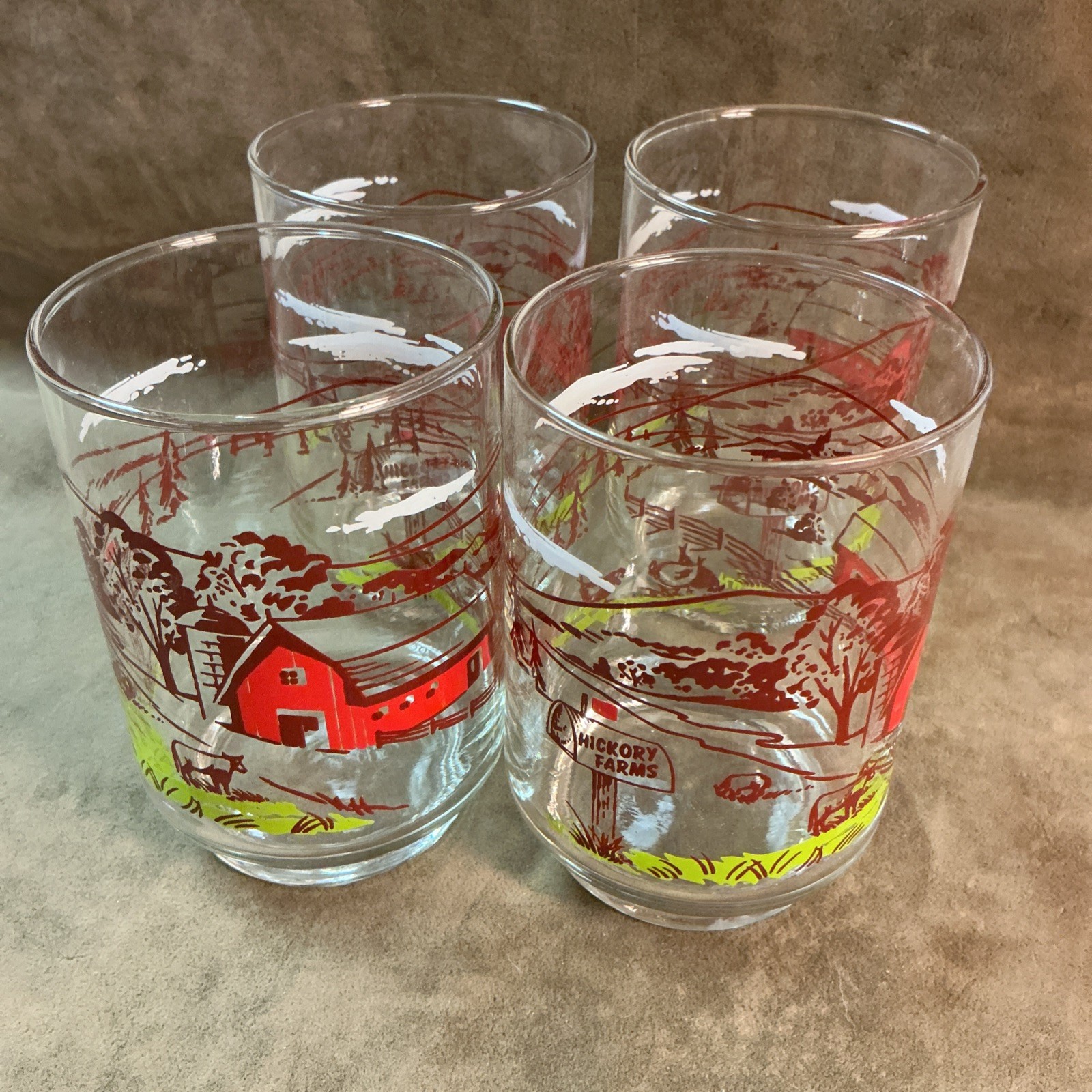 Vintage Hickory Farms advertising souvenir glass Tumbler Lot Of 4 W/red Barn