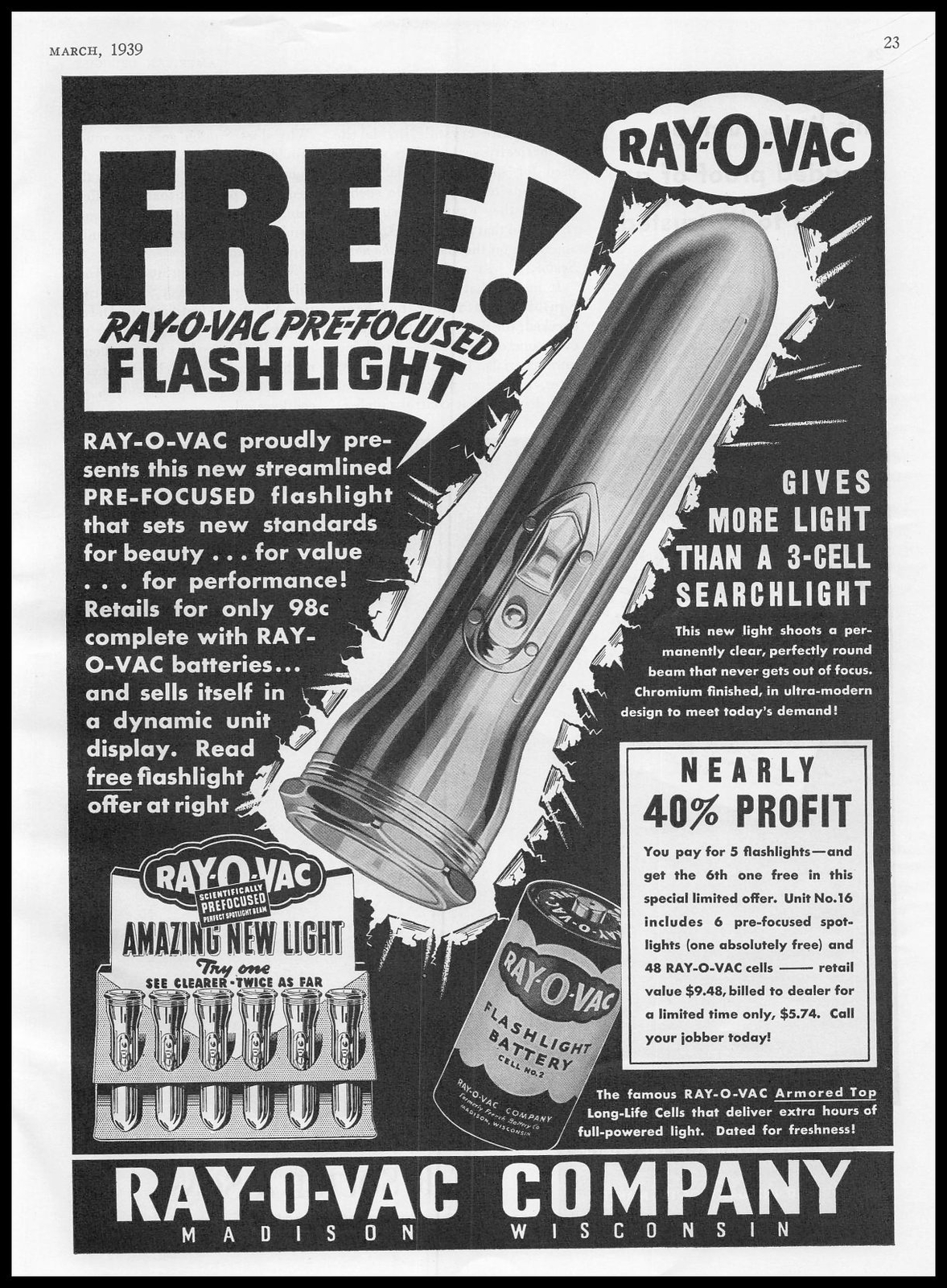 1939 Ray-O-Vac Madison Wisconsin Pre-Focused Flashlight Battery Vintage Print Ad