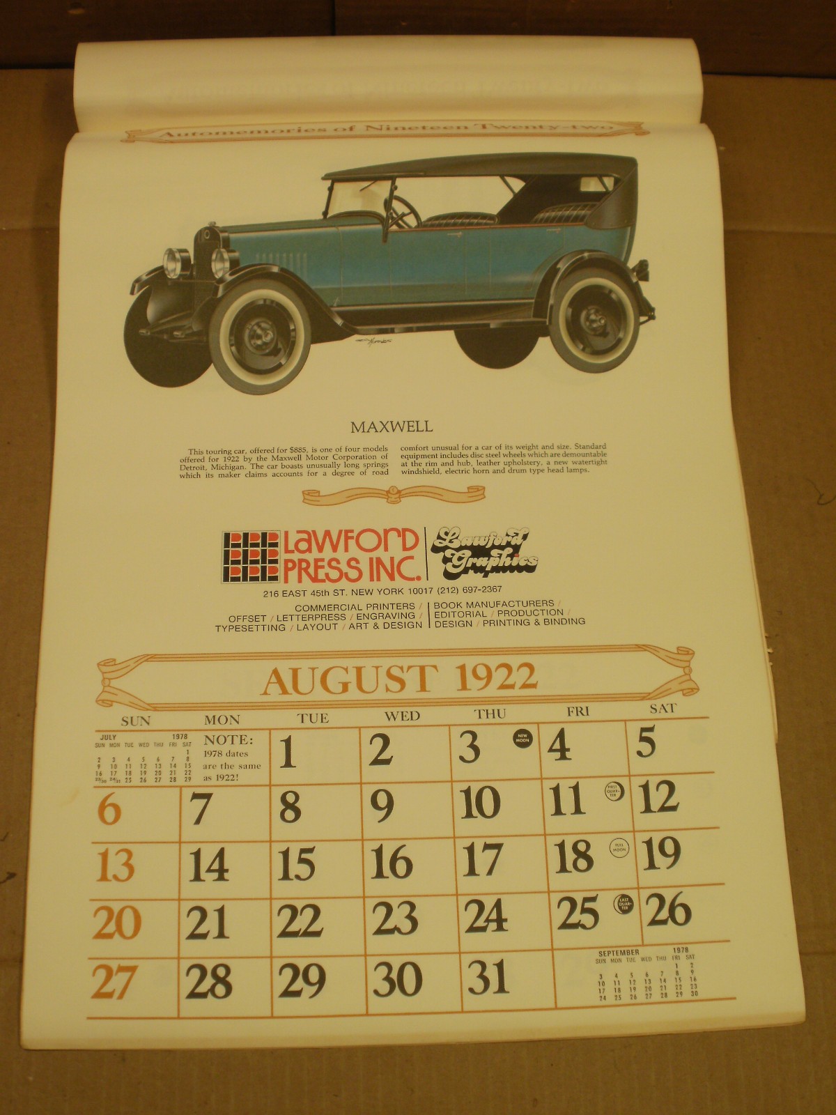 Lawford Press/Graphics, Shaw-Barton Coshocton, OH, Automemories Of 1922 Calendar
