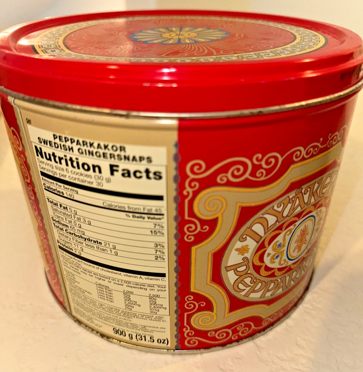 Nyakers Pepparkakor Ginger Snaps Tin Red with decorative features LARGE