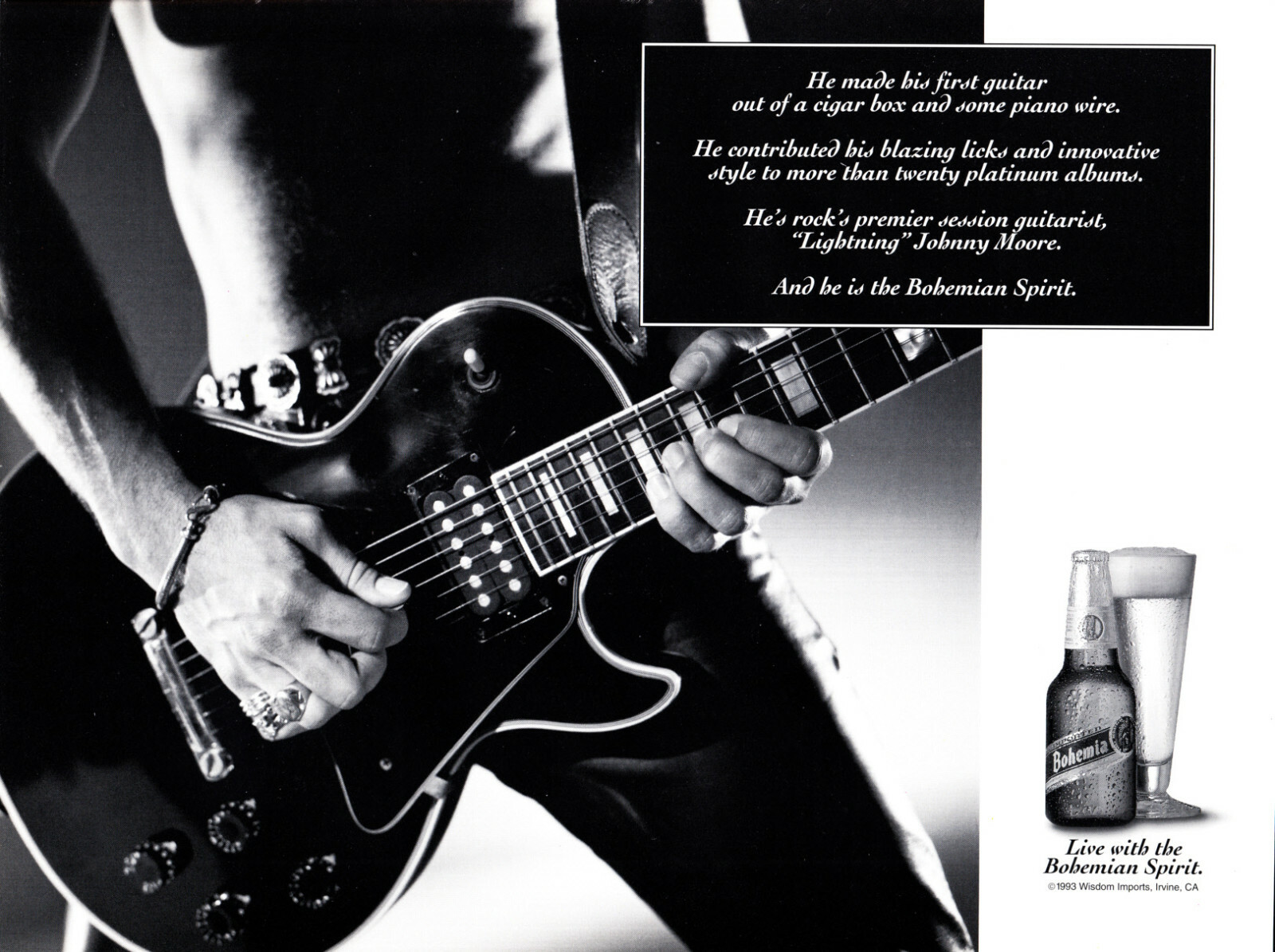 BOHEMIA BEER AD #1 RARE 1993 “HE MADE HIS FIRST GUITAR OUT OF A CIGAR BOX…”