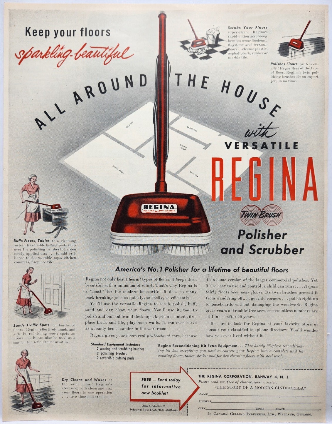 1952 Regina Floor Polisher Scrubber MCM Original Print Ad Life Magazine 50s