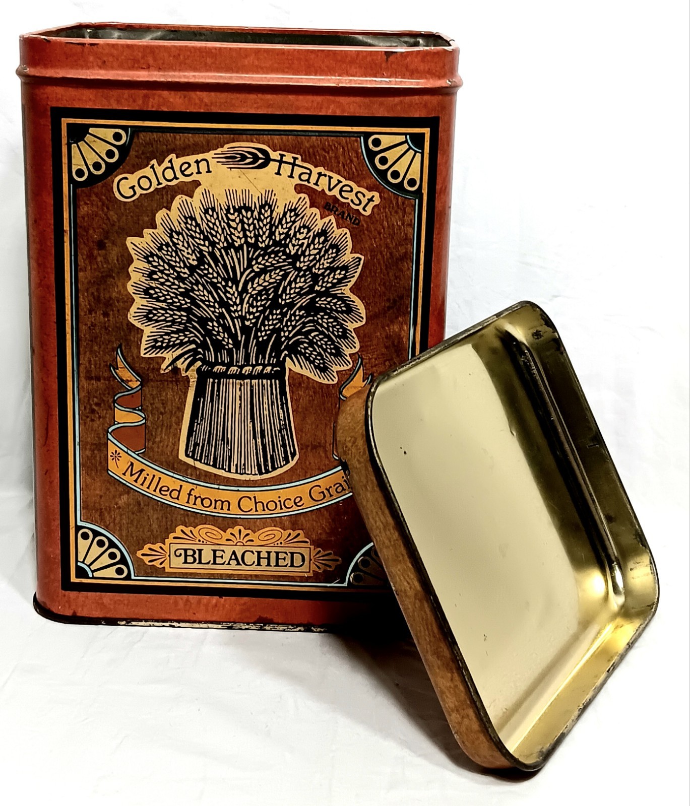 CHEINCO Golden Harvest Flour Tin Brown/Tan/Orange Vintage 1977 1978 W/ Lid