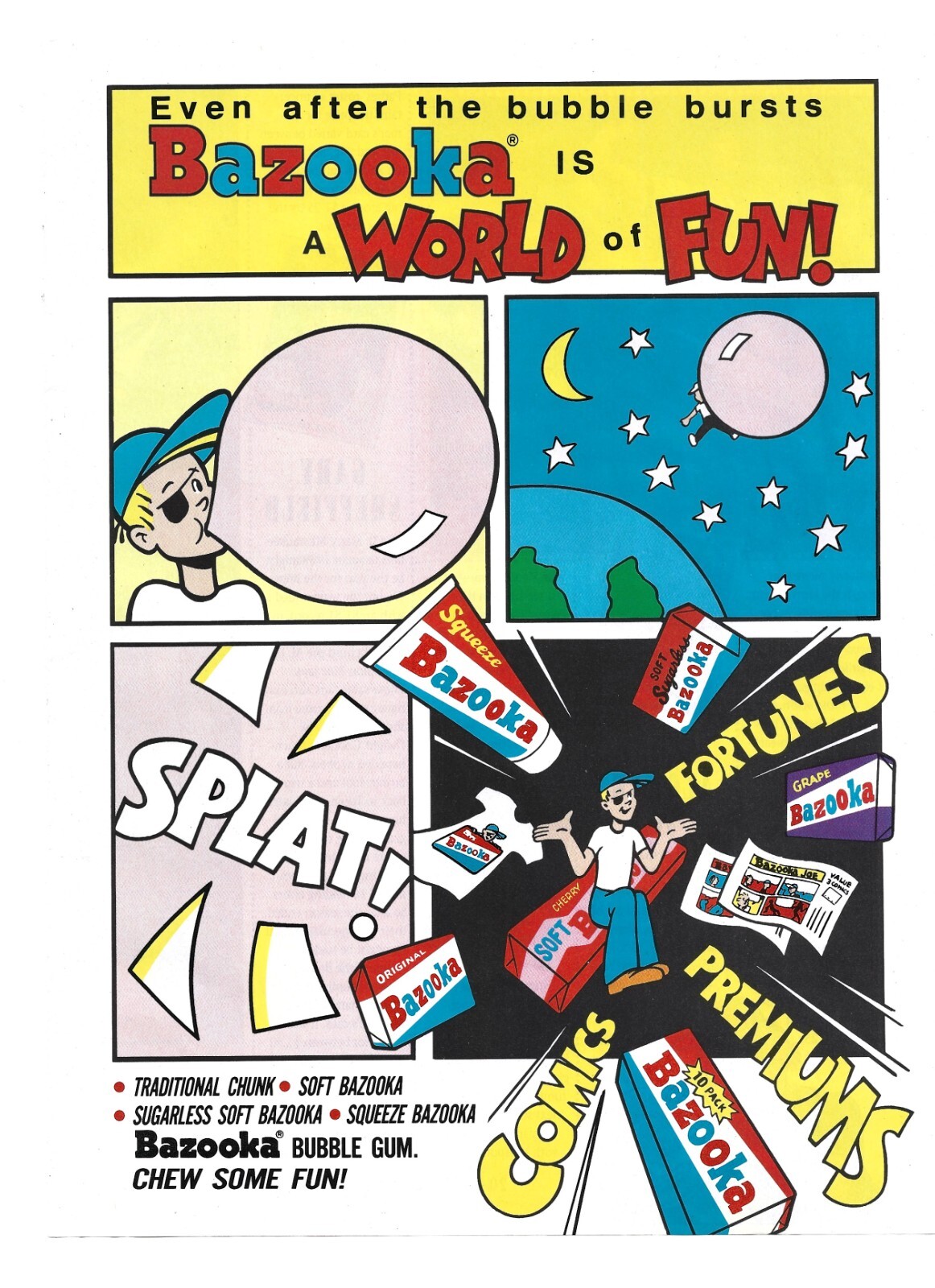 Bazooka Joe vintage print ad “World of Fun” 1991 comic strip various products