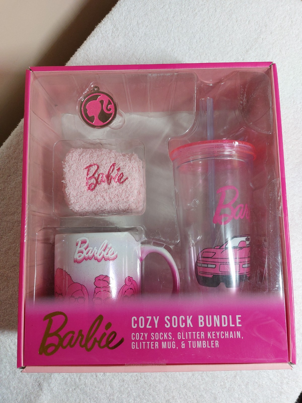 Barbie Cozy Sock Bundle Mug/Keychain/Socks/Tumbler Giftset