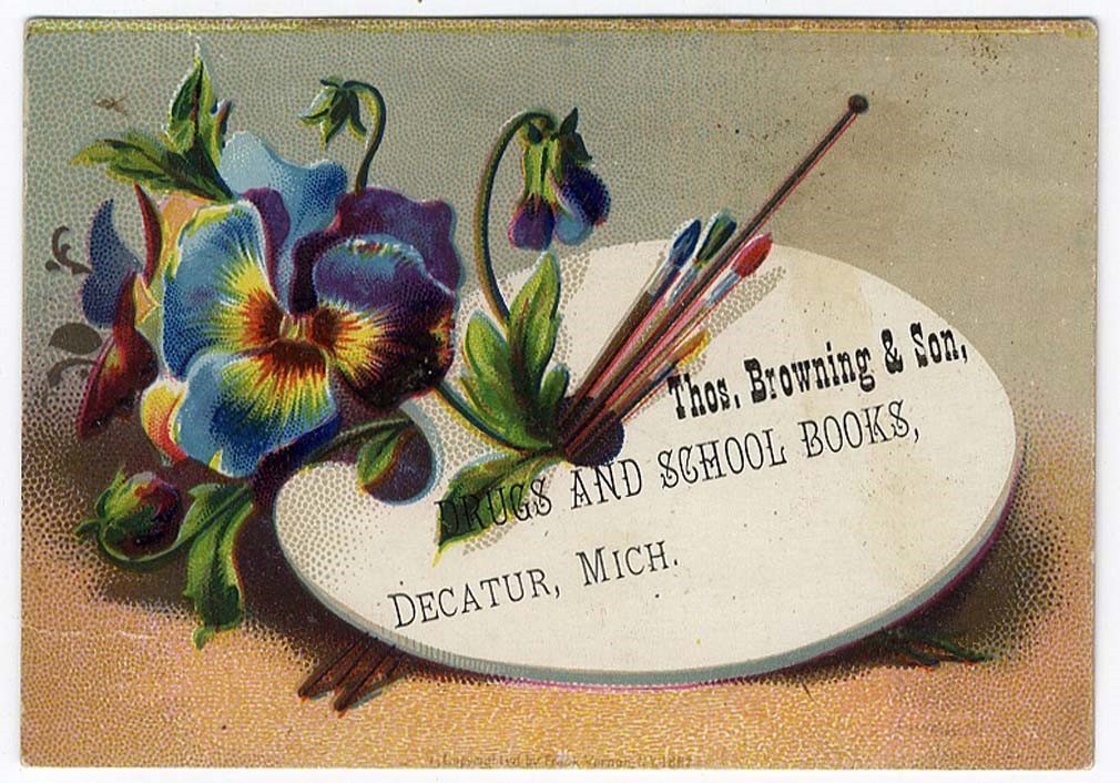 Decatur Michigan DRUGS and SCHOOL BOOKS Browning Store VICTORIAN Trade Card