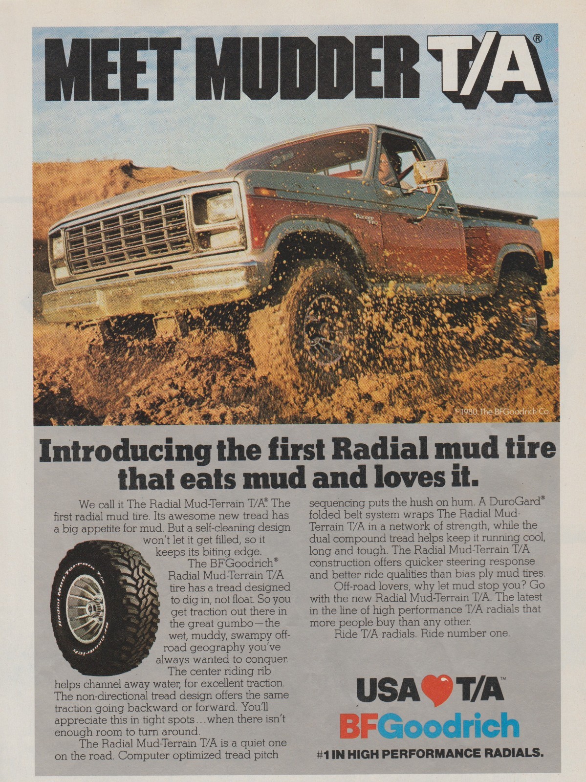 1980 B.F. Goodrich Mudder T/A Tires – Ford Stepside Pickup Mud – Print Ad Photo