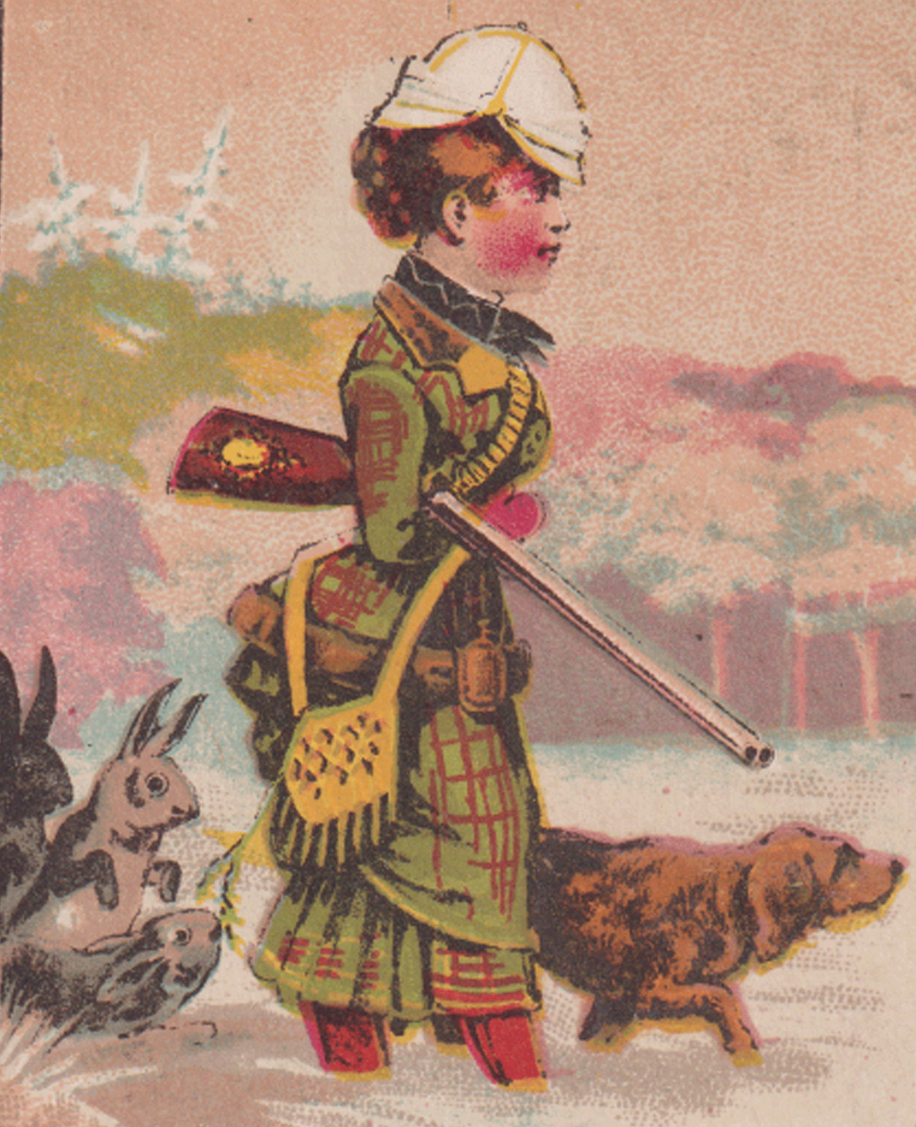 WOMAN HUNTER, WITH HER DOG, TROY NY TRADE CARD, GVS QUACKENBUSH & CO. X287