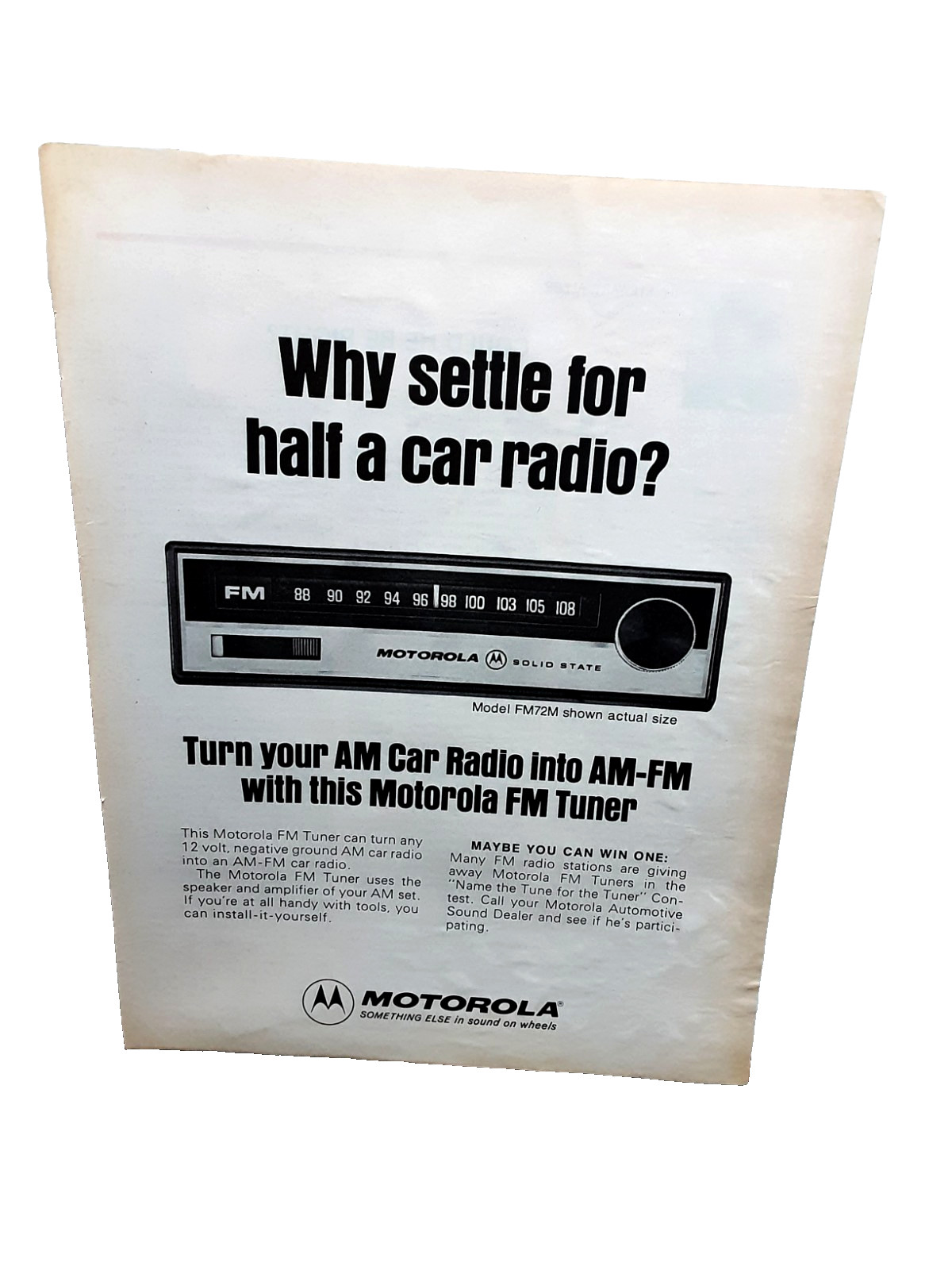 1974 Motorola FM Car Radio Vintage Print Ad AM FM Tuner Solid State