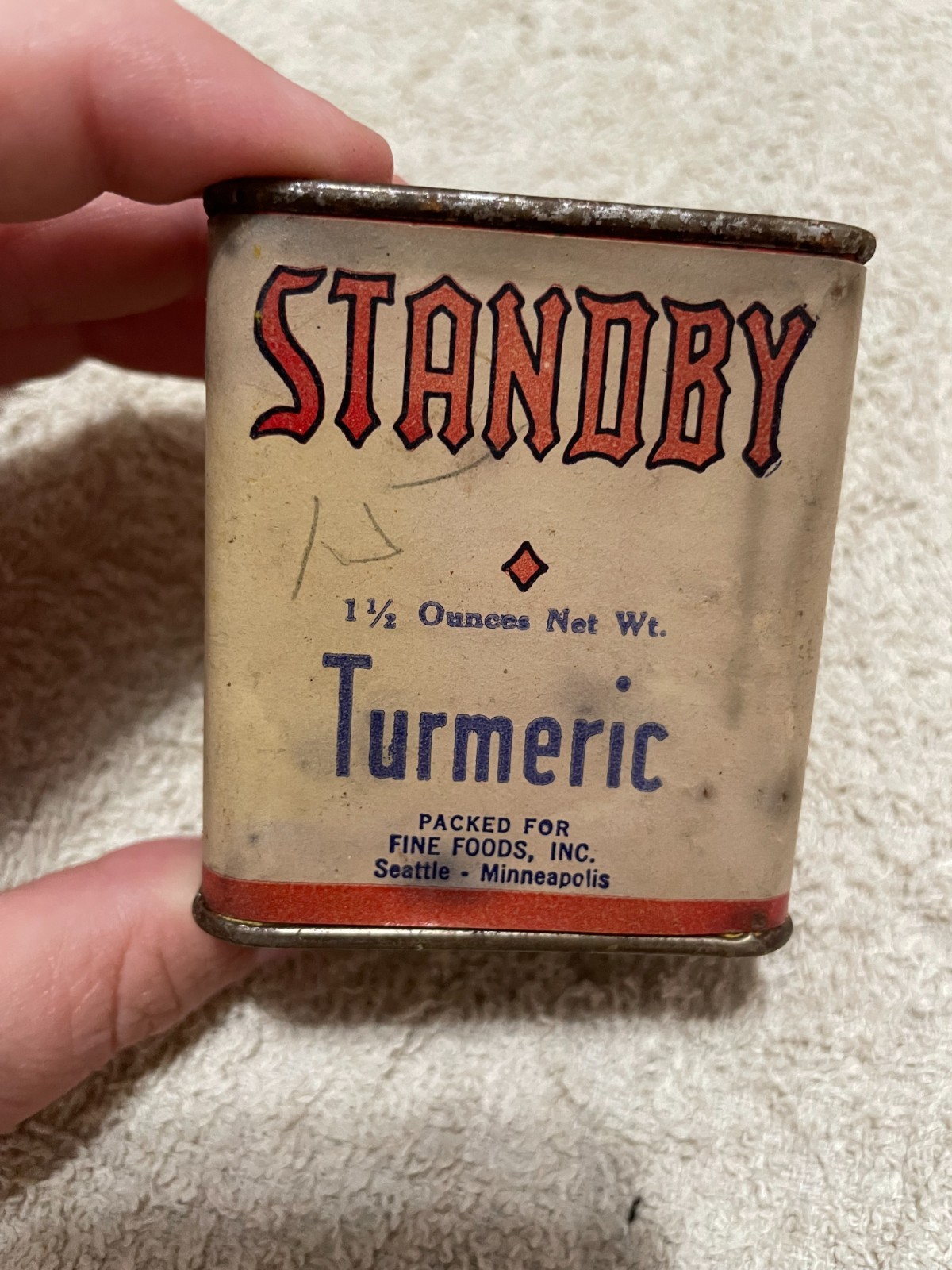 VTG Standby Turmeric Spice Paper Label Metal Spice Tin Seattle and MN As Seen