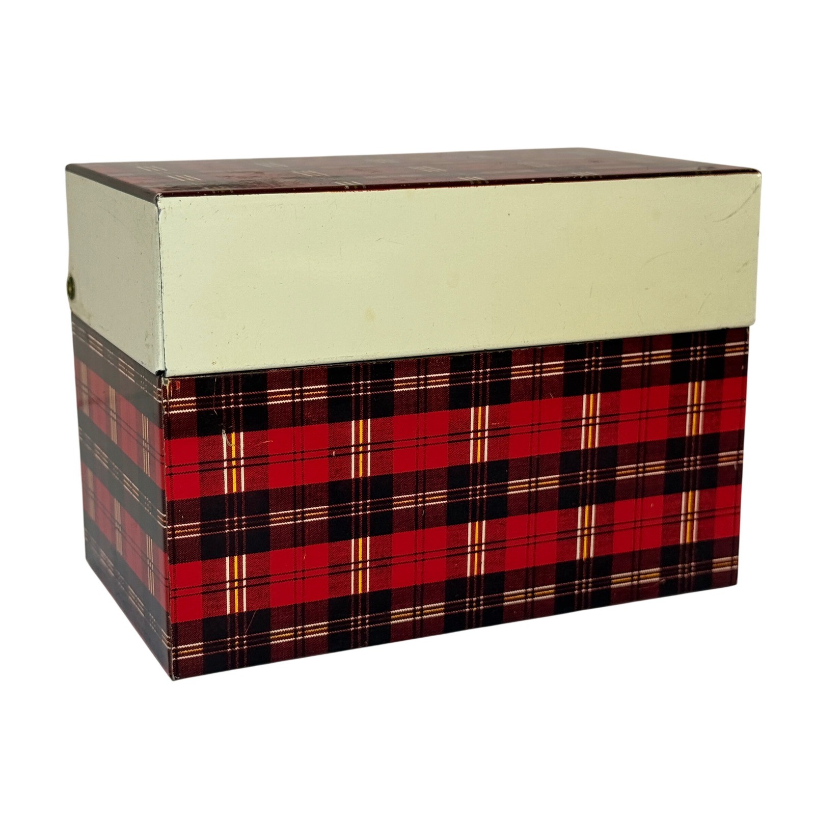 Vintage Ohio Art Red Plaid Metal Index Card Box Recipe Tin Mid-Century USA Made