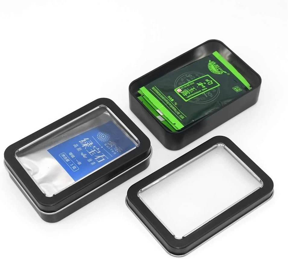 4 Pack Metal Rectangular Tin Boxes Containers with Detachable Clear Lid, Black,P