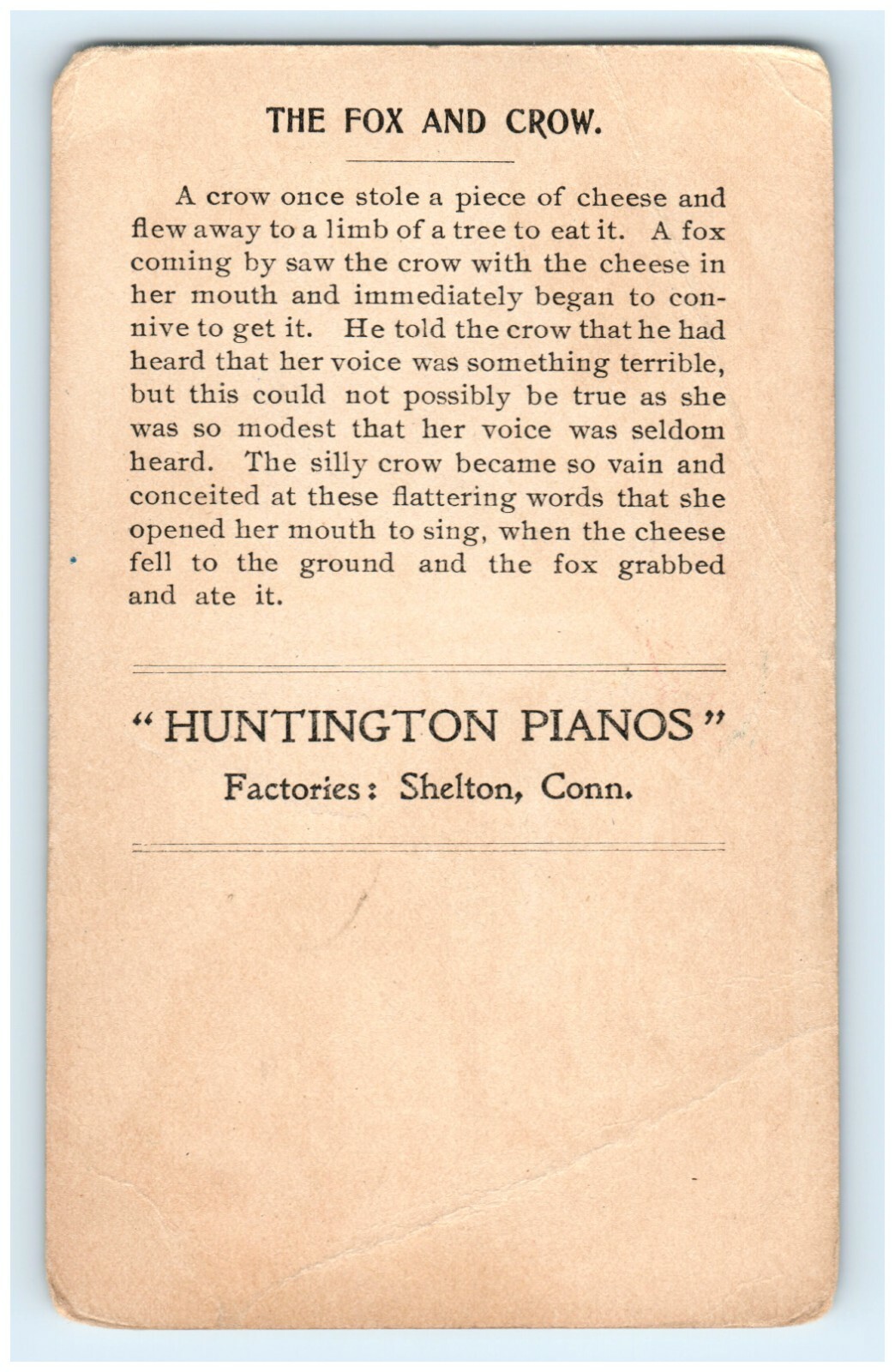 THE FOX & CROW HUNTINGTON PIANOS VICTORIAN TRADE CARD SHELTON CONN 1G8