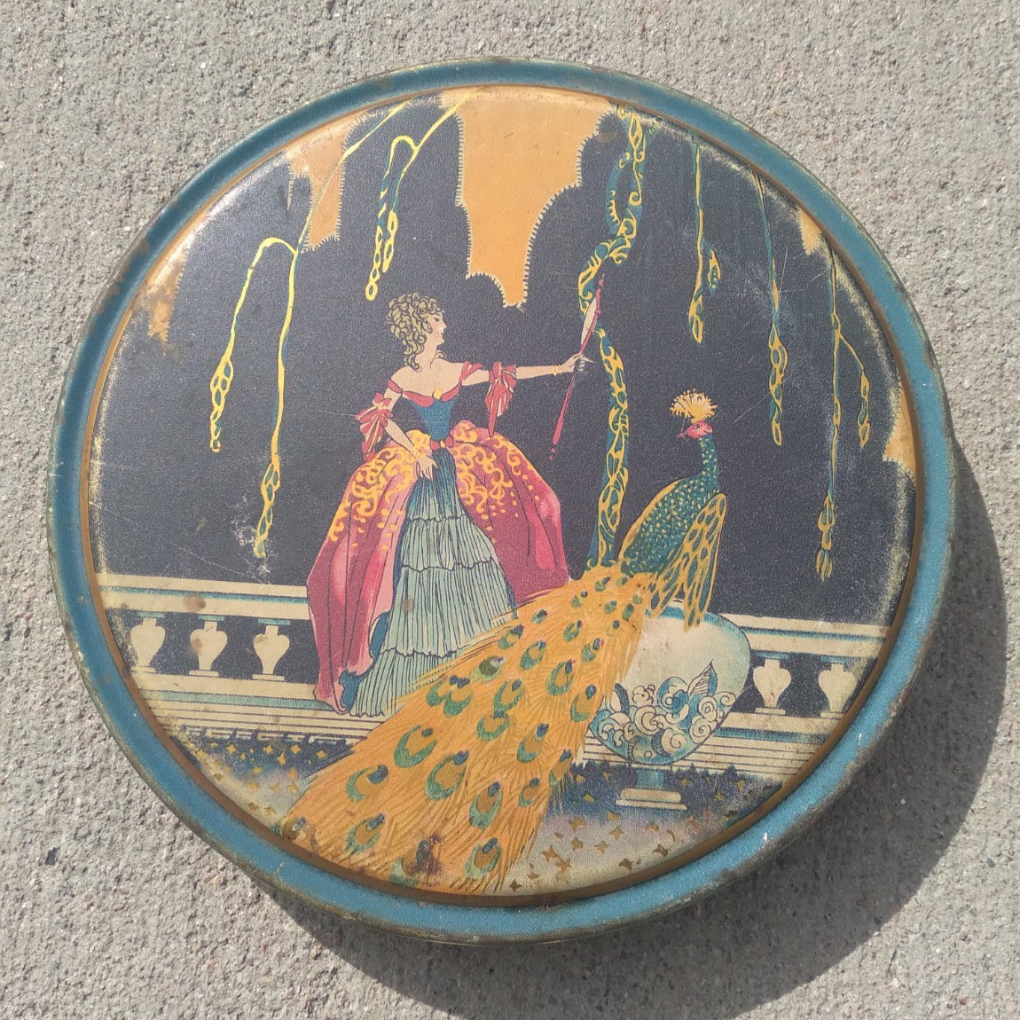Vintage Canco Round Biscuit Tin 19th Century Style Woman Peacock