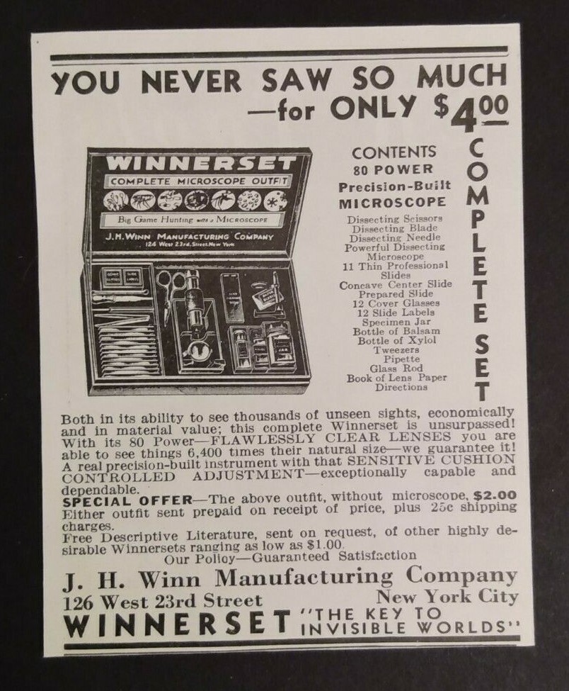 1933 Winnerset Microscope Advertisement J. H Winn Manufacturing Company New York