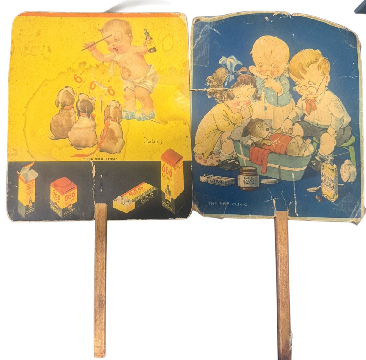 Vintage Lot Of 2 Fans Advertising 666 Remedies Laxative Salve Tonic Medicine
