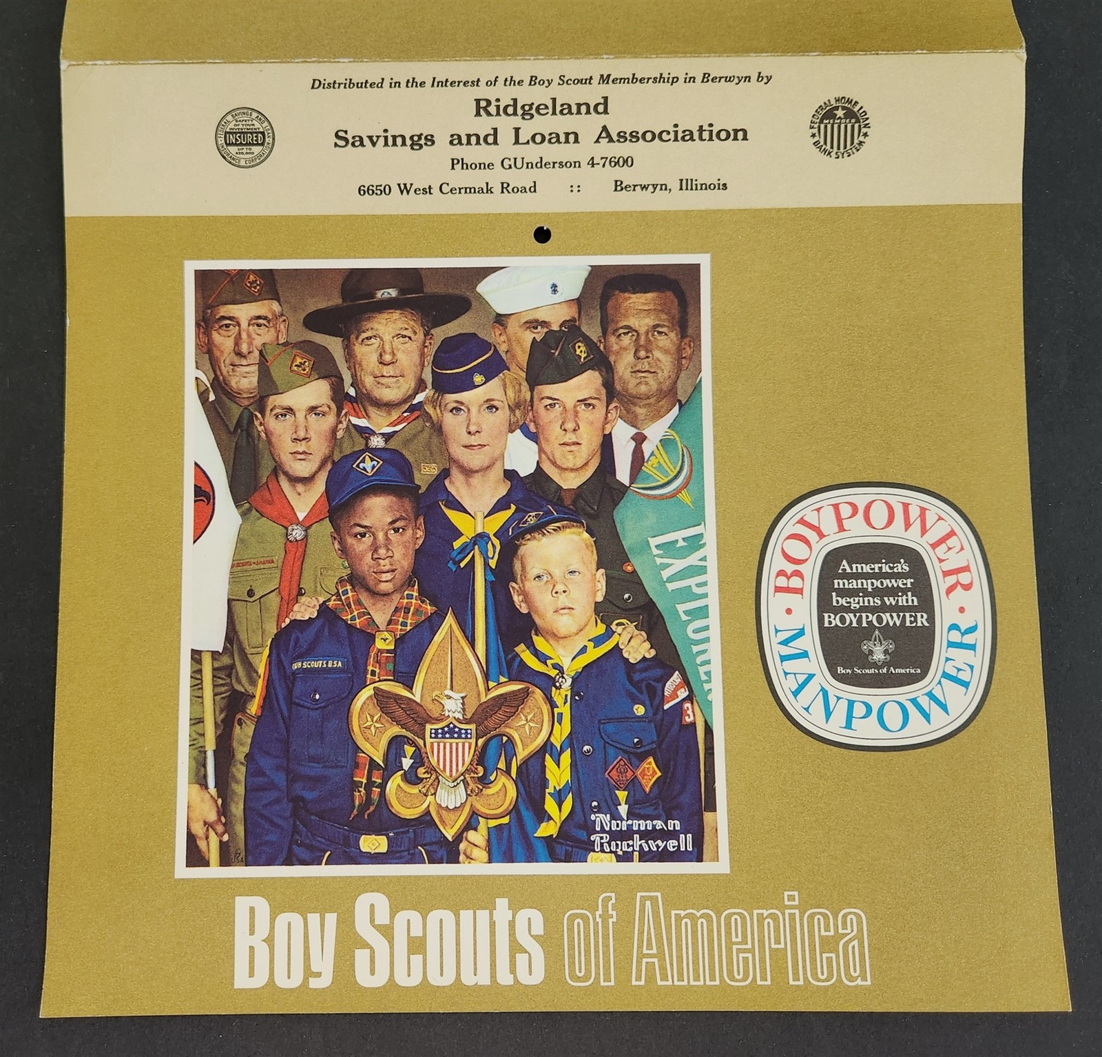 19471 vintage CALENDAR berwyn il BOY SCOUTS bsa norman rockwell RIDGELAND BANK