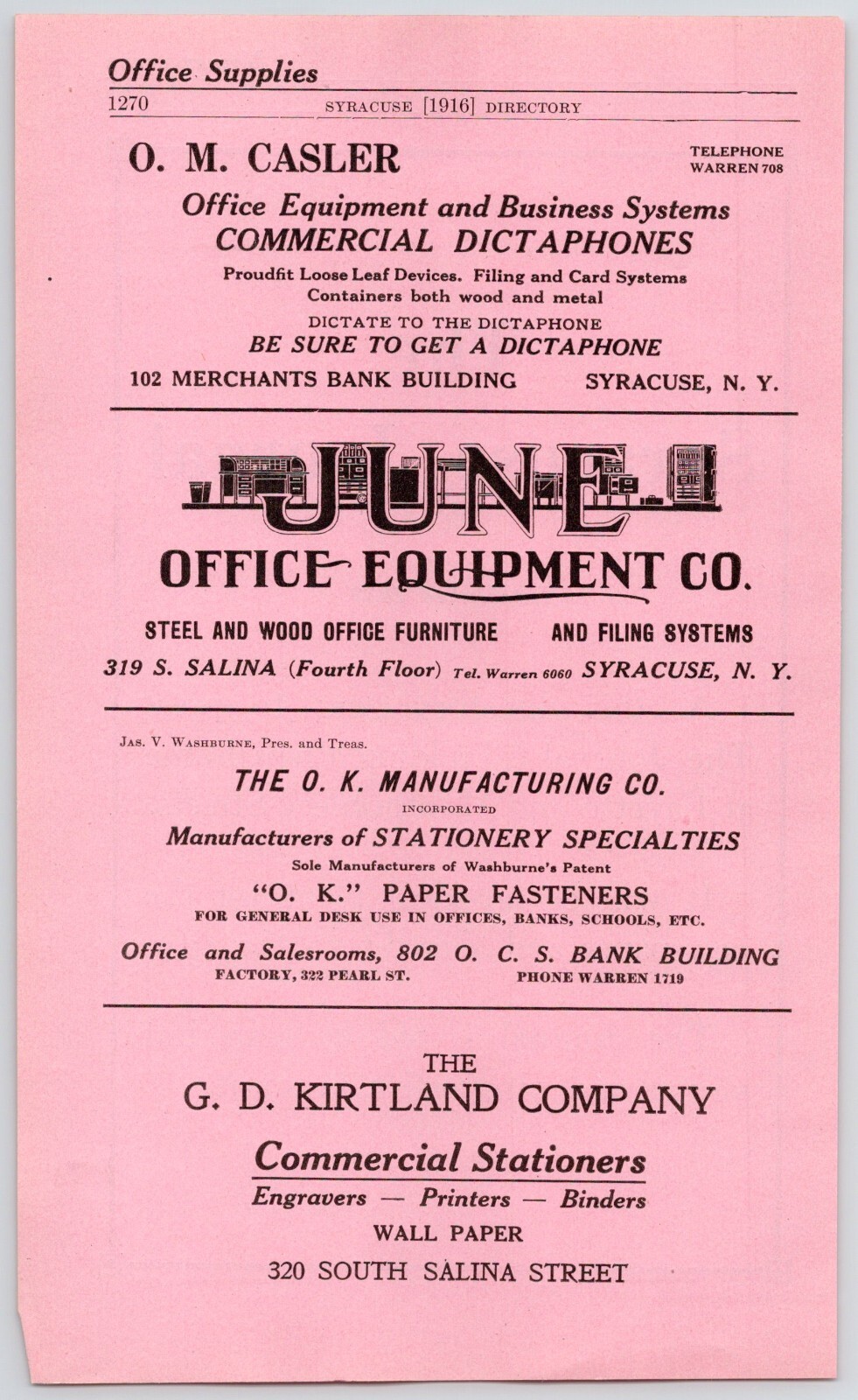 1916 Office Supply Stores Syracuse NY Print Ad JUNE OM Casler Kirtland OK Mfg