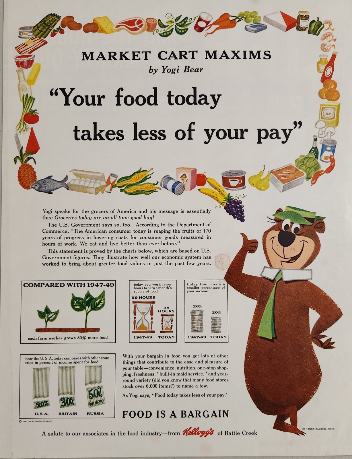1962 Print Ad Kellogg’s Cereal Co. Battle Creek,MI Cartoon Character Yogi Bear