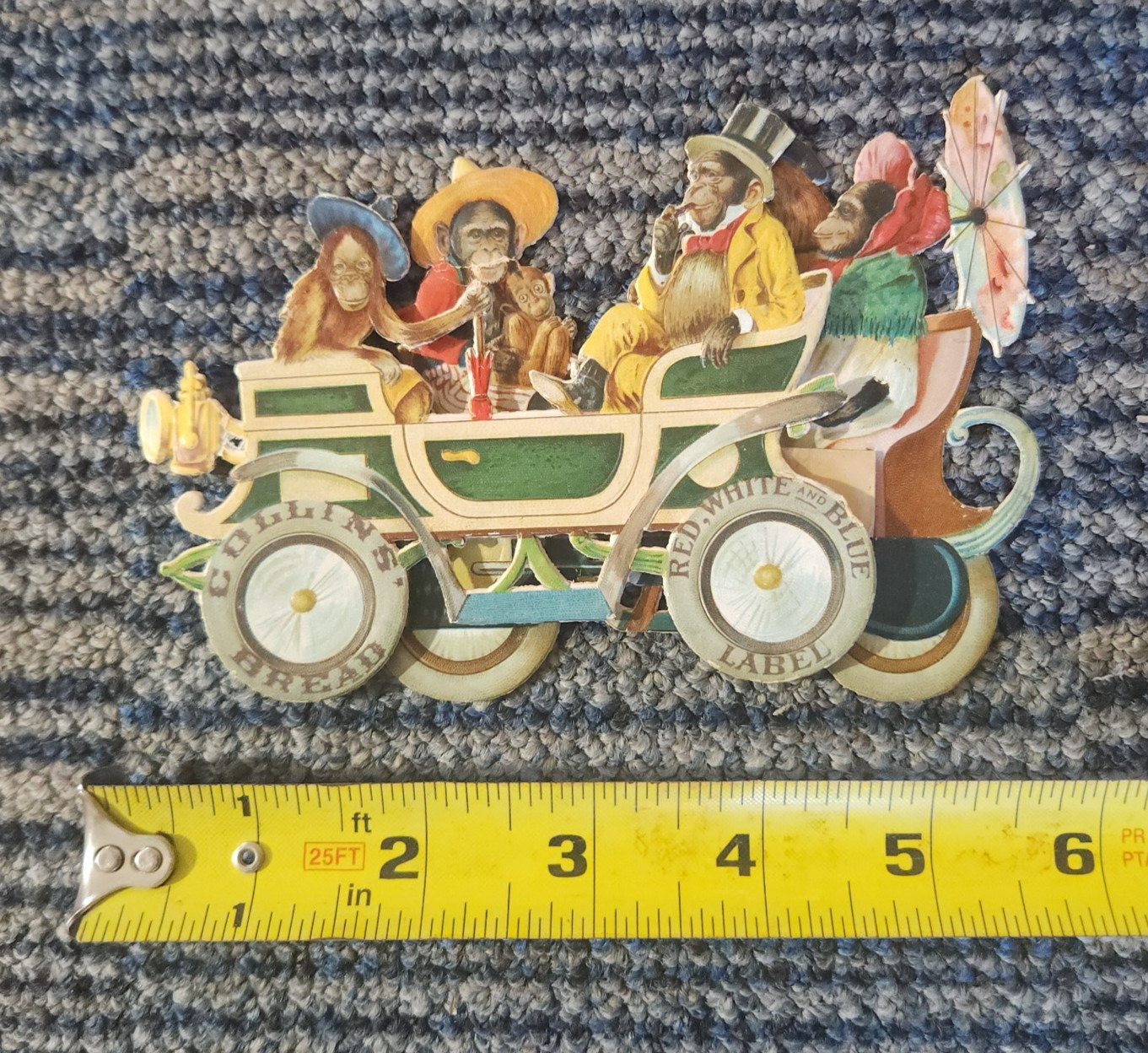 Die-Cut Victorian Advertising Trade Card COLLINS BREAD MONKEYS in CAR AUTOMOBILE