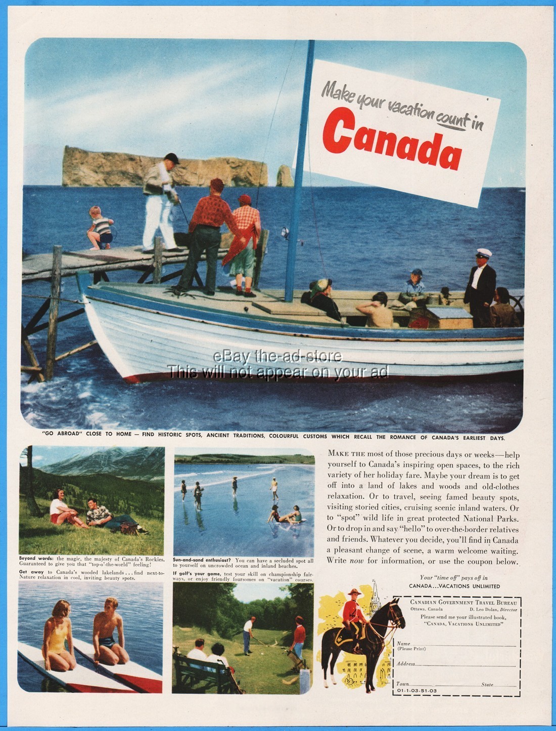 1951 Canada Vacation Canadian Government Travel Bureau Golf Beaches Ad