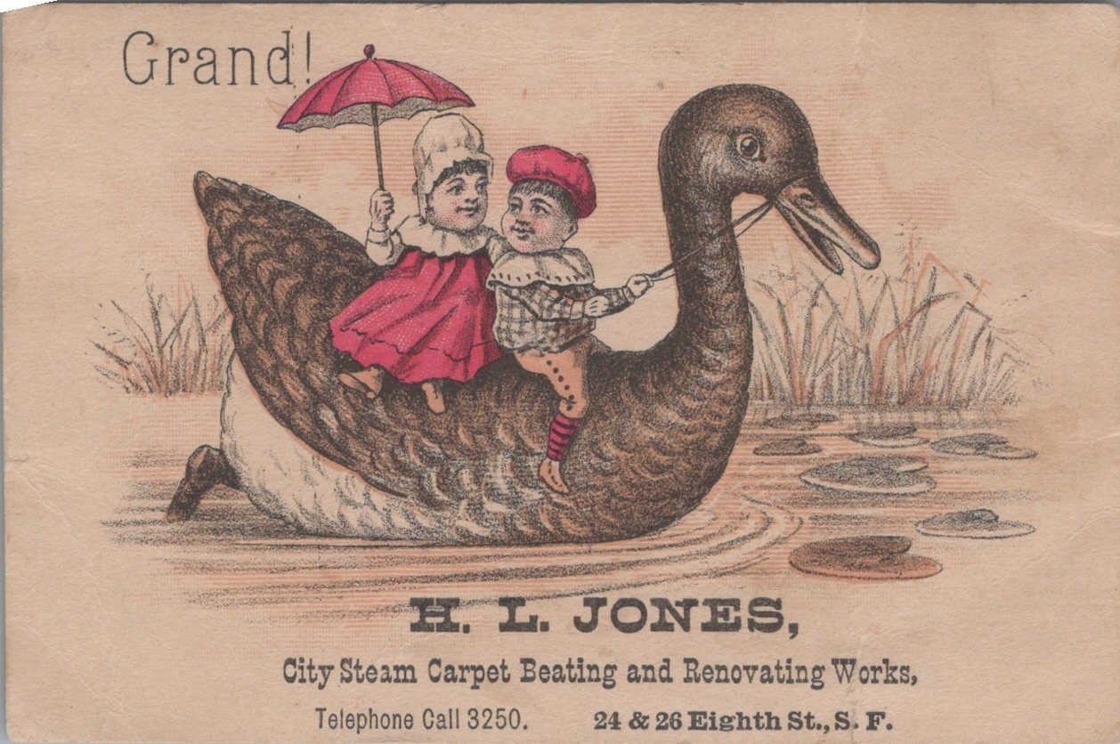 H L Jones San Francisco CA Steam Carpet Beating Fantasy Kids Riding Duck PQV1