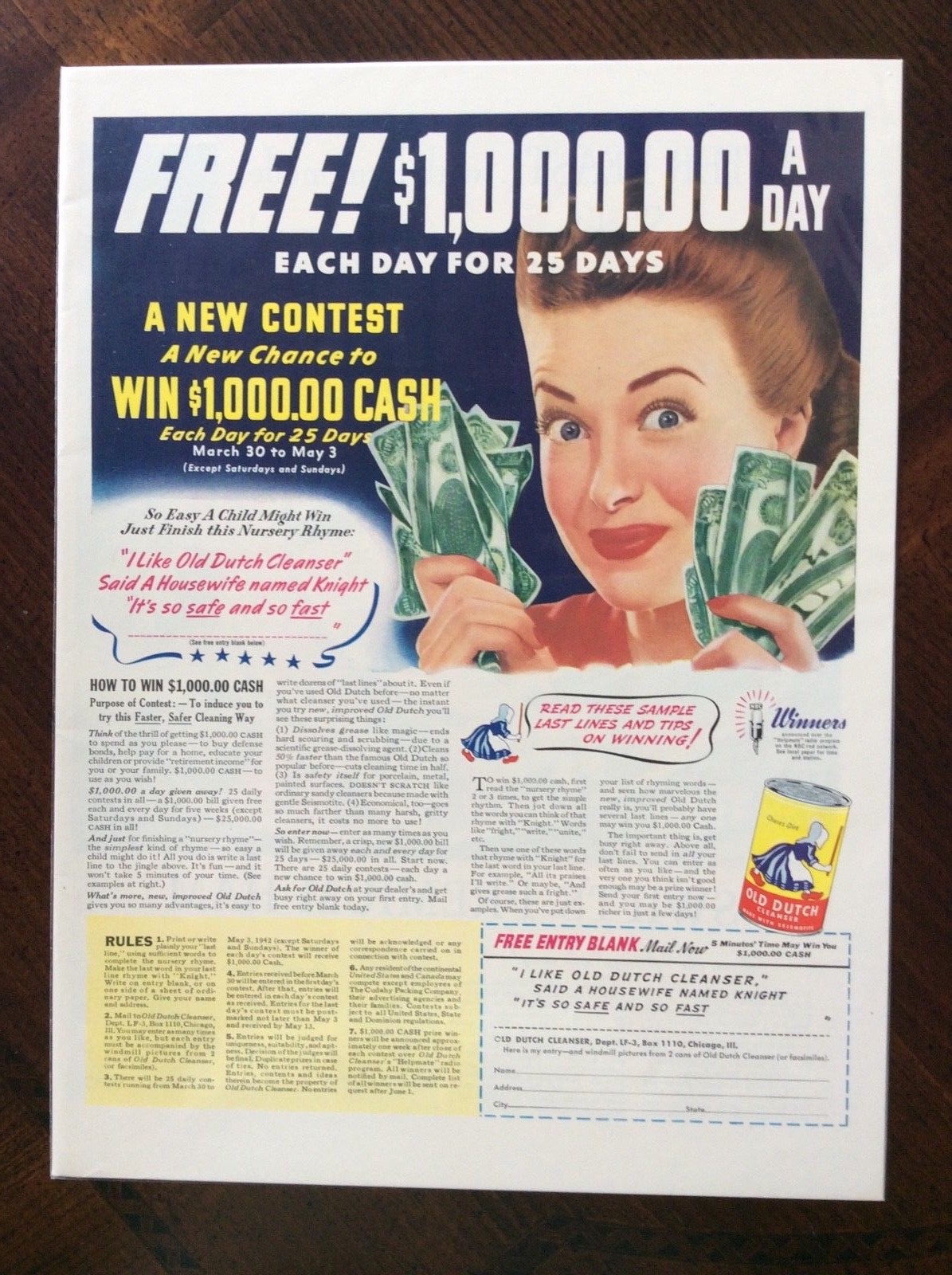 1942 vintage original color ad Old Dutch Cleanser fantastic condition