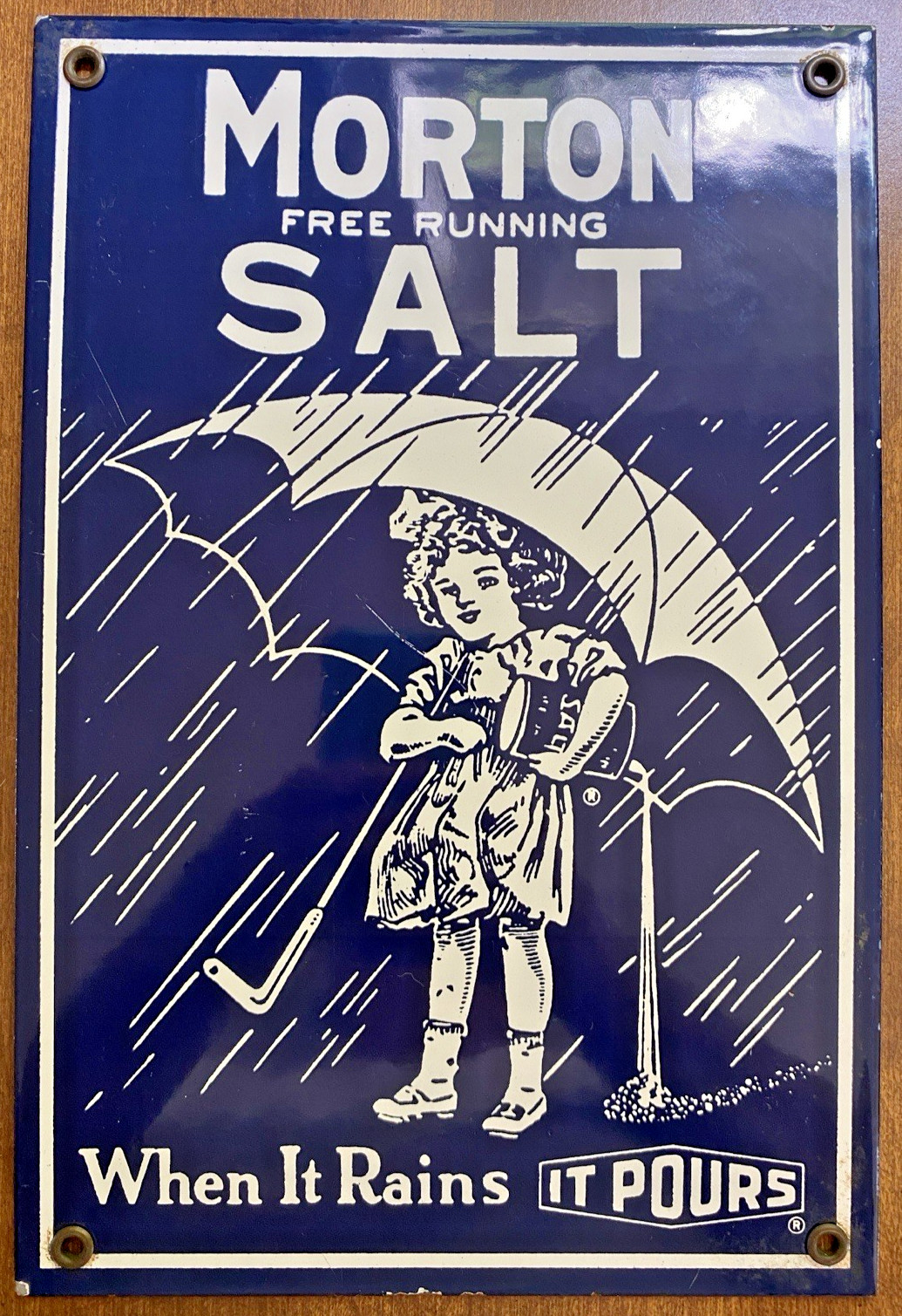 1980 Porcelain Enamel Morton Free Running Salt, when it rains it pours Sign