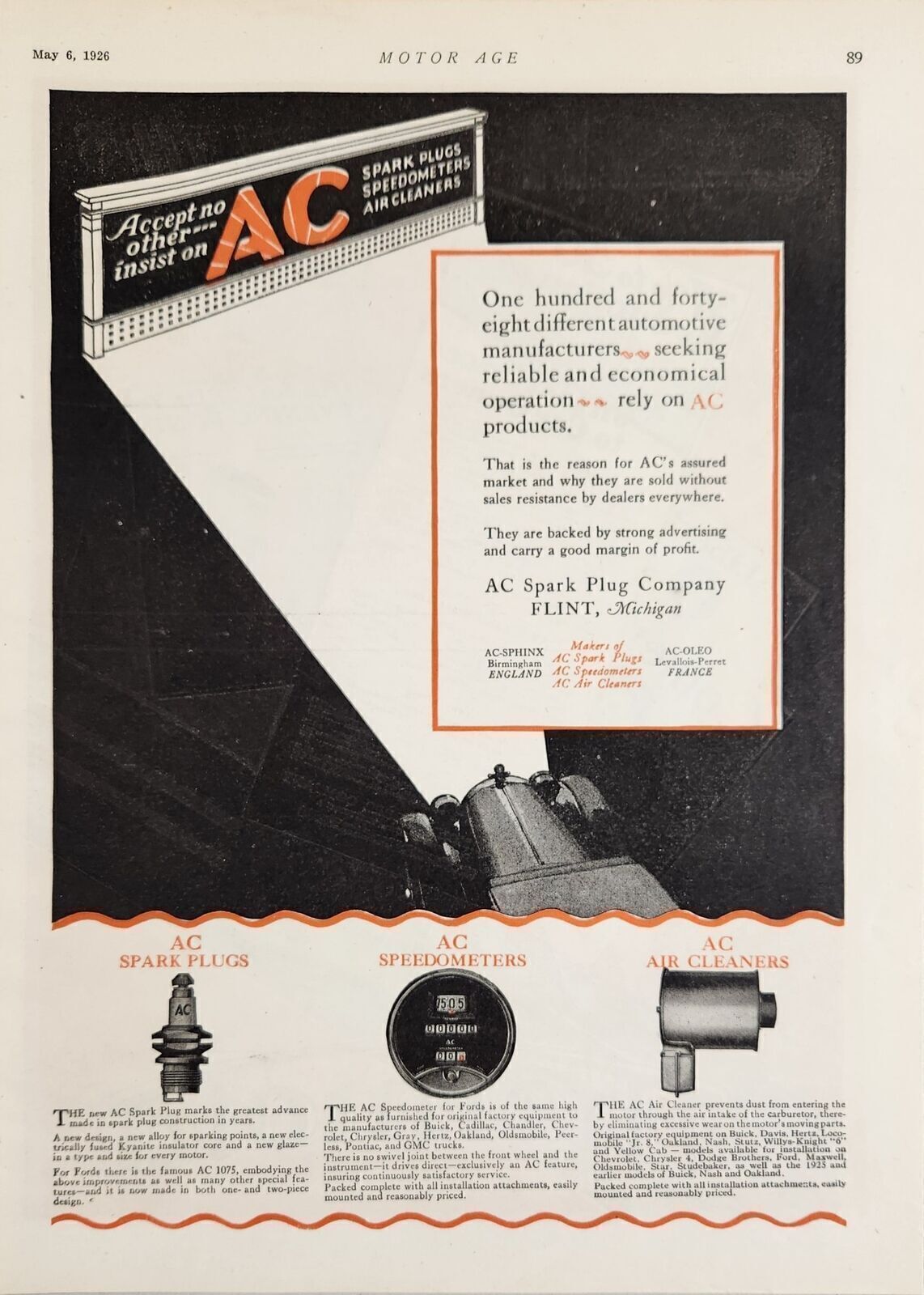 1926 Print Ad AC Spark Plugs,Speedometers & Air Cleaners Flint,Michigan