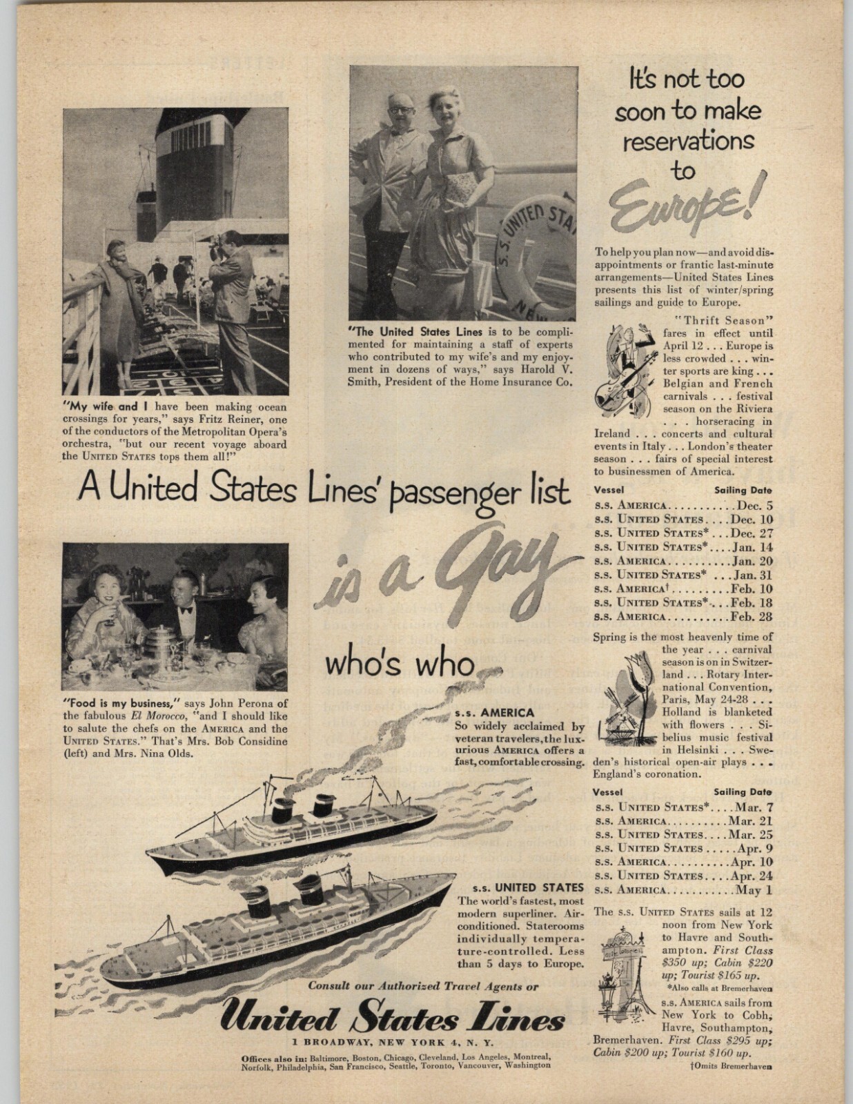 1952 United States Line Vintage Print Ad Cruise Ship Cartoon Ephemera Art