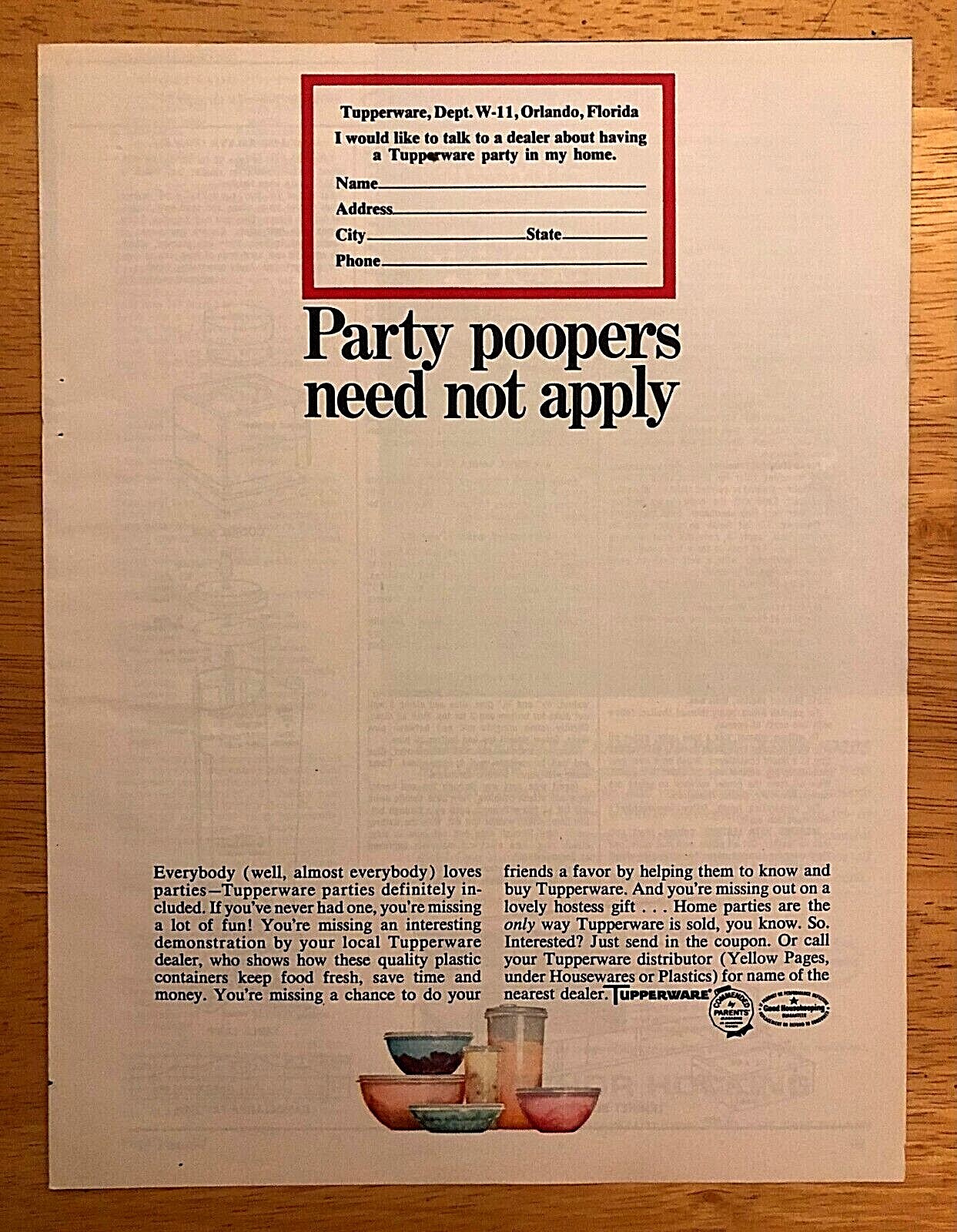 HOST A TUPPERWARE HOME PARTY—ORIGINAL 1964 MINIMALIST PRINT AD