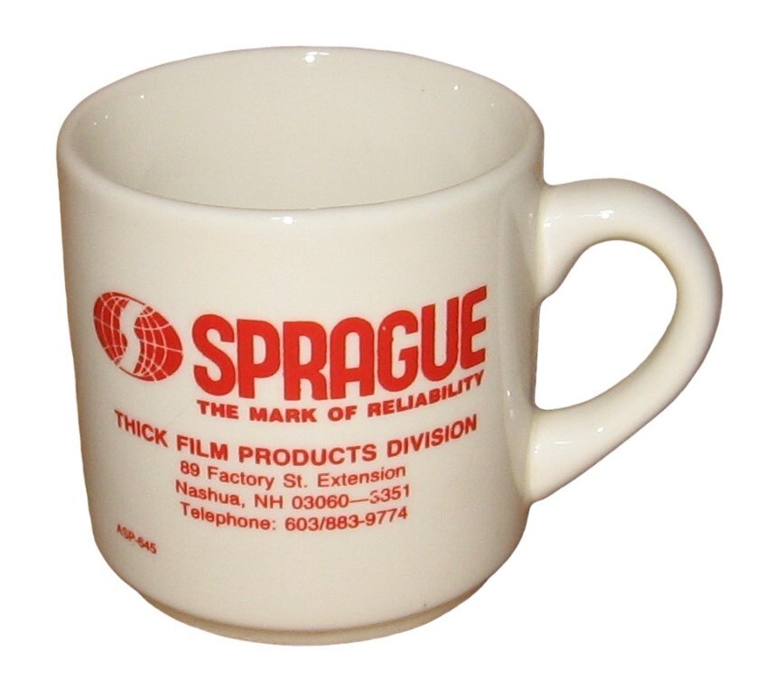 HTF Vtg Sprague Thick Film Products Division Advertising Mug Capacitors Resistor