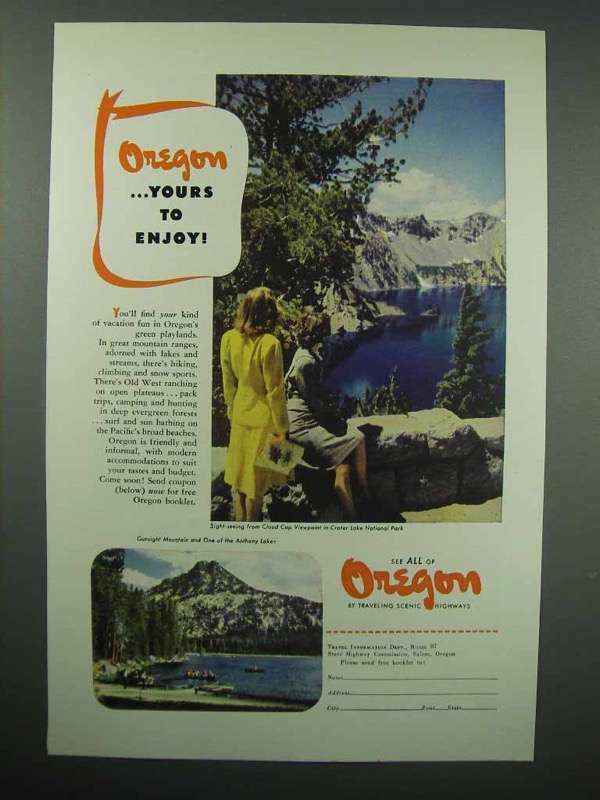 1947 Oregon Tourism Ad – Crater Lake – Yours to Enjoy