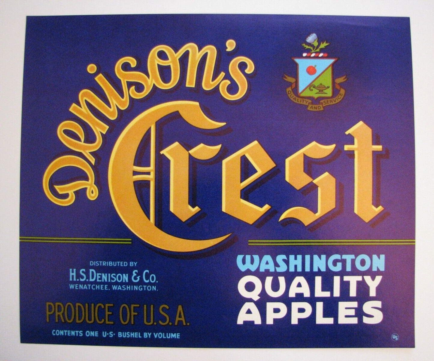 Original DENISON CREST apple crate label Denison Wenatchee WA thistle lamp US
