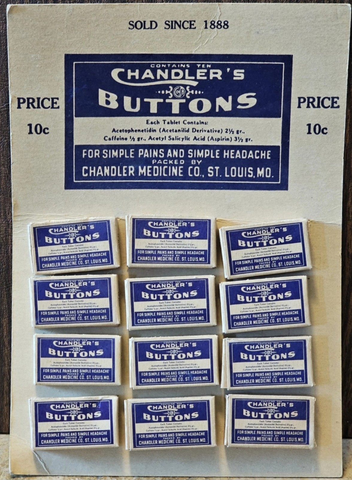 Vintage Chandler Medicine Buttons 10 Cent Drug Store Display With 12 Boxes