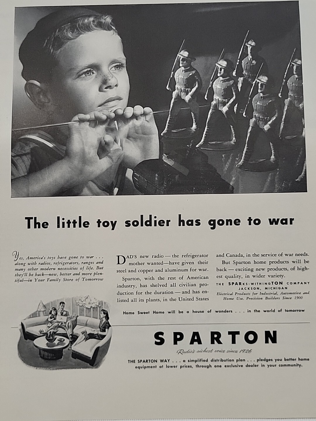 1942 Sparton Sparks-Worthington Fortune WW2 X-Mas Print Ad Toy Soldiers Boy War