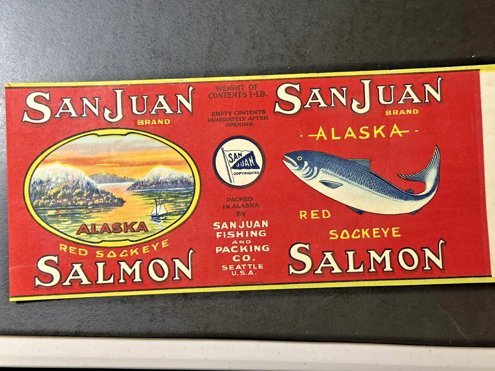 EARLY ALASKA SALMON LABEL WITH GREAT GRAPHICS: SAN JUAN BRAND