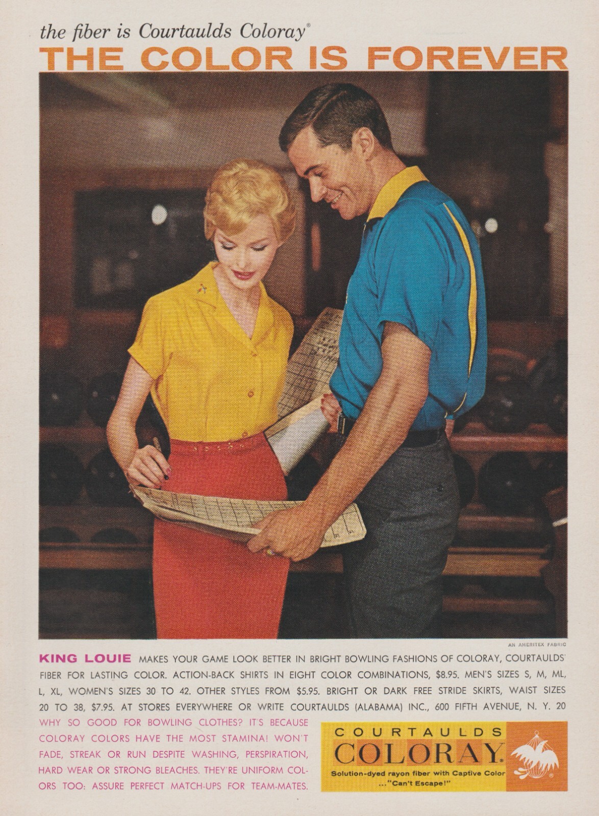1958 Courtaulds Coloray King Louie Bowling Clothes – Scoring – Print Ad Photo