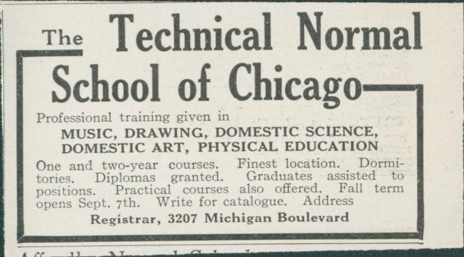 1915 Technical Normal School of Chicago Music Drawing Domestic Art Ad CO7